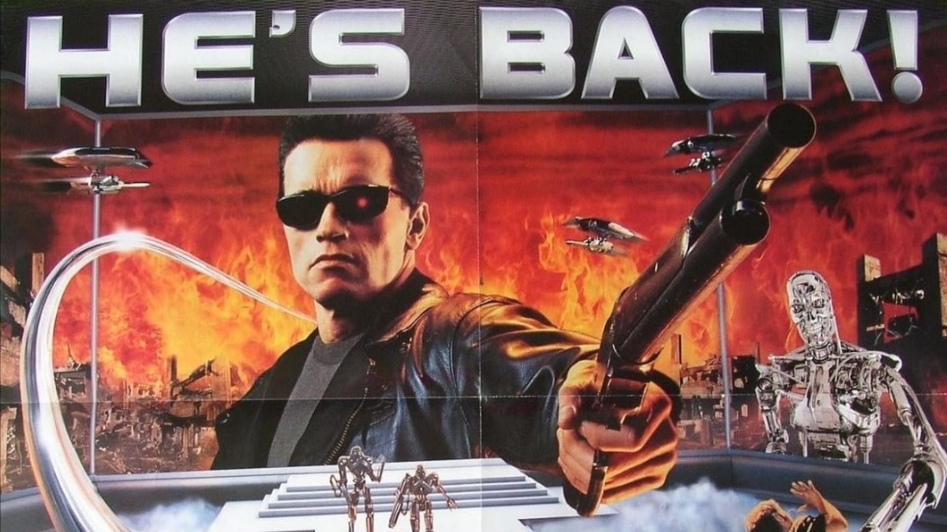 Póster de película con Arnold Schwarzenegger en chaqueta de cuero sosteniendo una escopeta