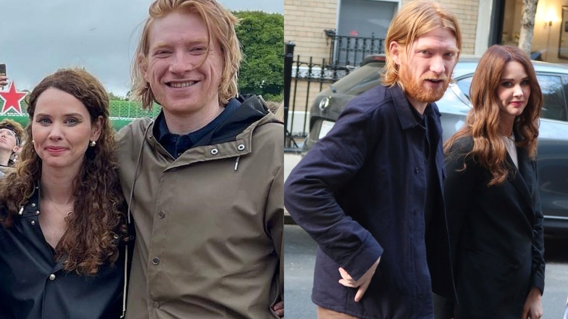 Domhnall Gleeson y Juliette Bonass, collage de dos fotos juntos